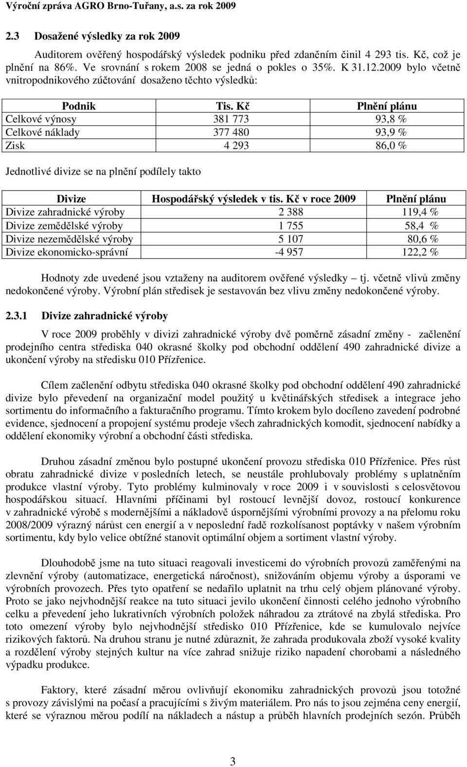 Kč Plněn plnu Celkové výnosy 381 773 93,8 % Celkové nklady 377 480 93,9 % Zisk 4 293 86,0 % Jednotlivé divize se na plněn podlely takto Divize Hospodřský výsledek v tis.