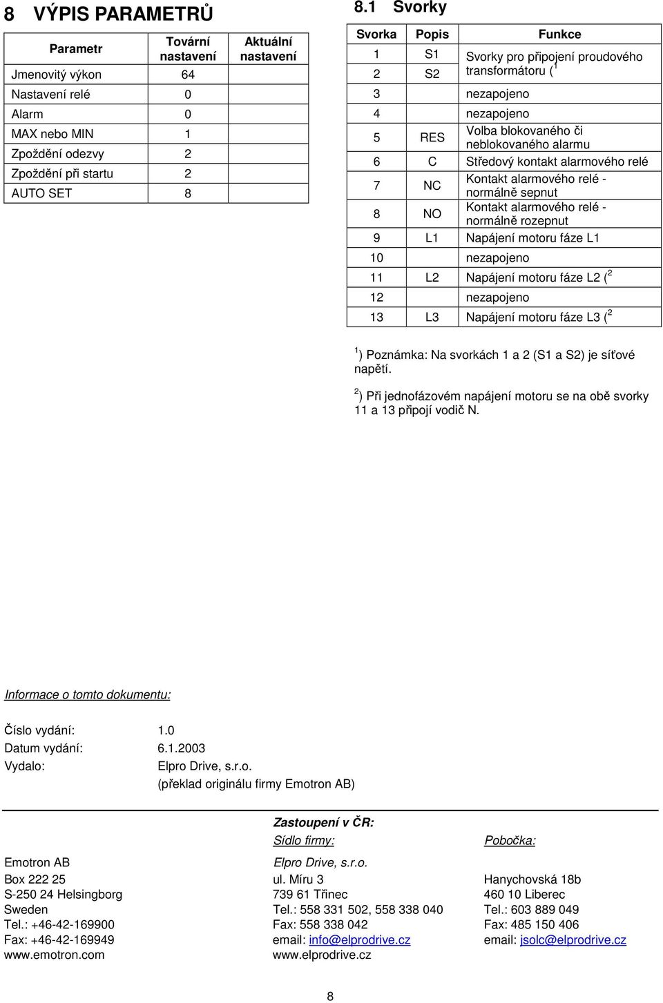 Kontakt alarmového relé - normálně sepnut 8 NO Kontakt alarmového relé - normálně rozepnut 9 L Napájení motoru fáze L 0 nezapojeno L2 Napájení motoru fáze L2 ( 2 2 nezapojeno 3 L3 Napájení motoru