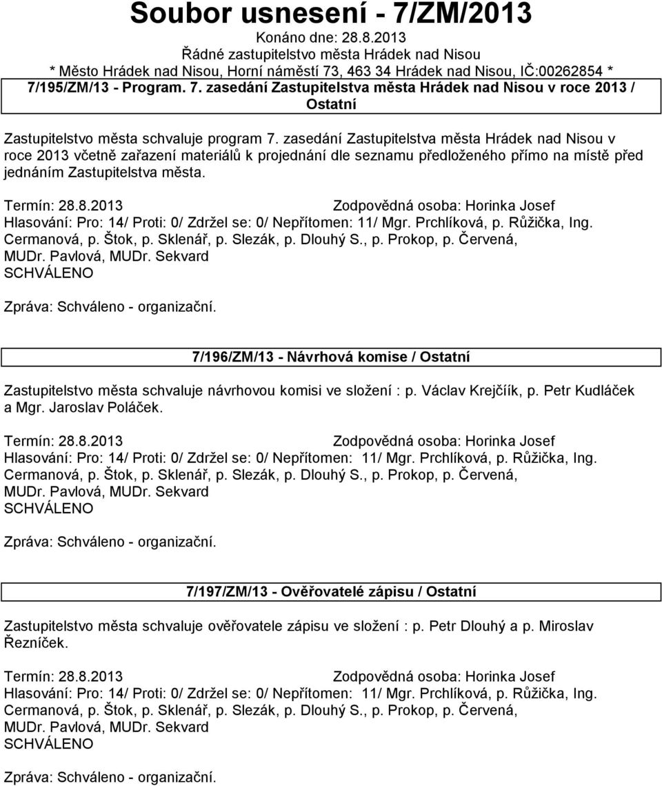 zasedání Zastupitelstva města Hrádek nad Nisou v roce 2013 včetně zařazení materiálů k projednání dle seznamu předloženého přímo na místě před jednáním Zastupitelstva města.