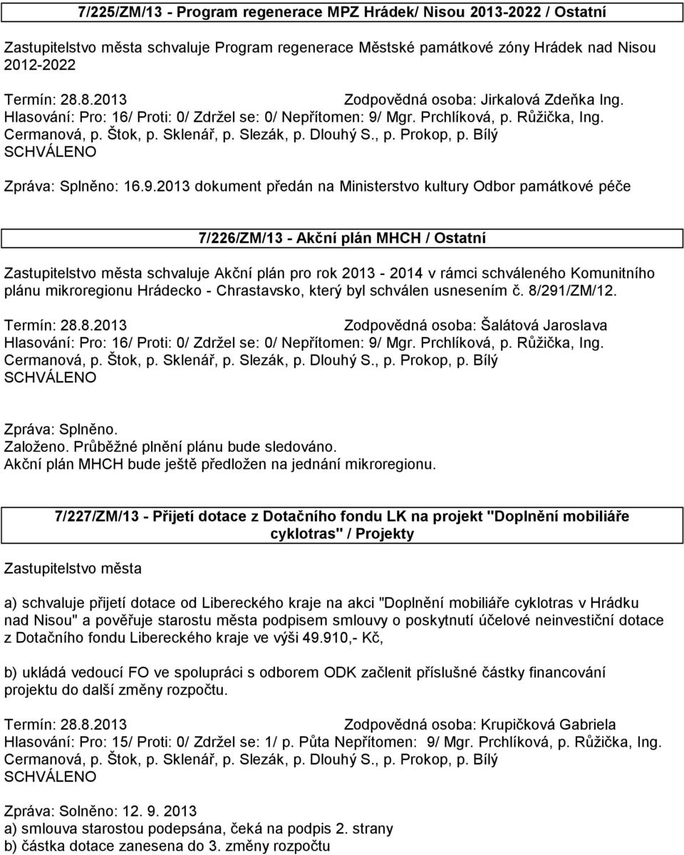 2013 dokument předán na Ministerstvo kultury Odbor památkové péče 7/226/ZM/13 - Akční plán MHCH / Ostatní Zastupitelstvo města schvaluje Akční plán pro rok 2013-2014 v rámci schváleného Komunitního