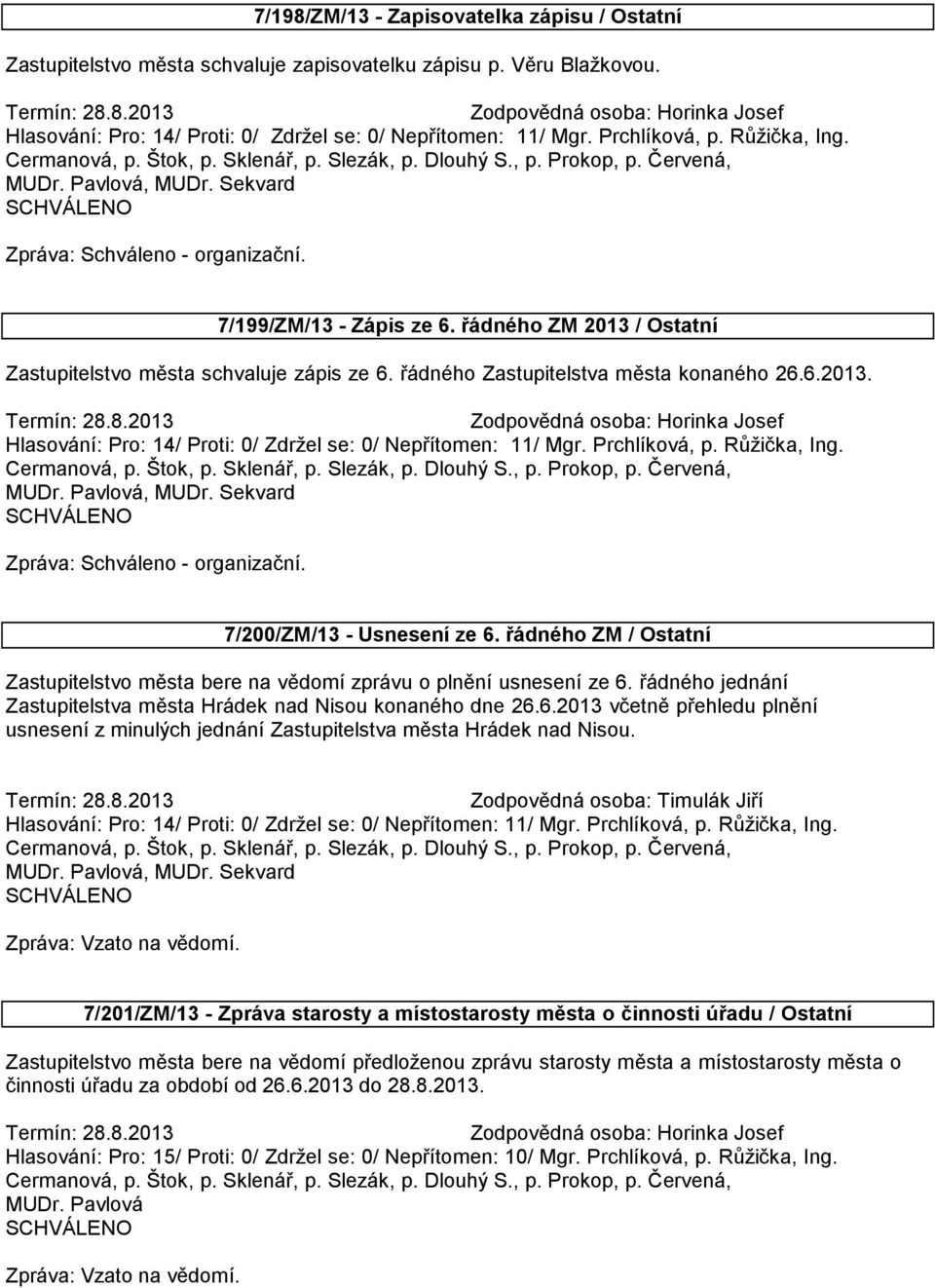 7/199/ZM/13 - Zápis ze 6. řádného ZM 2013 / Ostatní Zastupitelstvo města schvaluje zápis ze 6. řádného Zastupitelstva města konaného 26.6.2013.  7/200/ZM/13 - Usnesení ze 6.