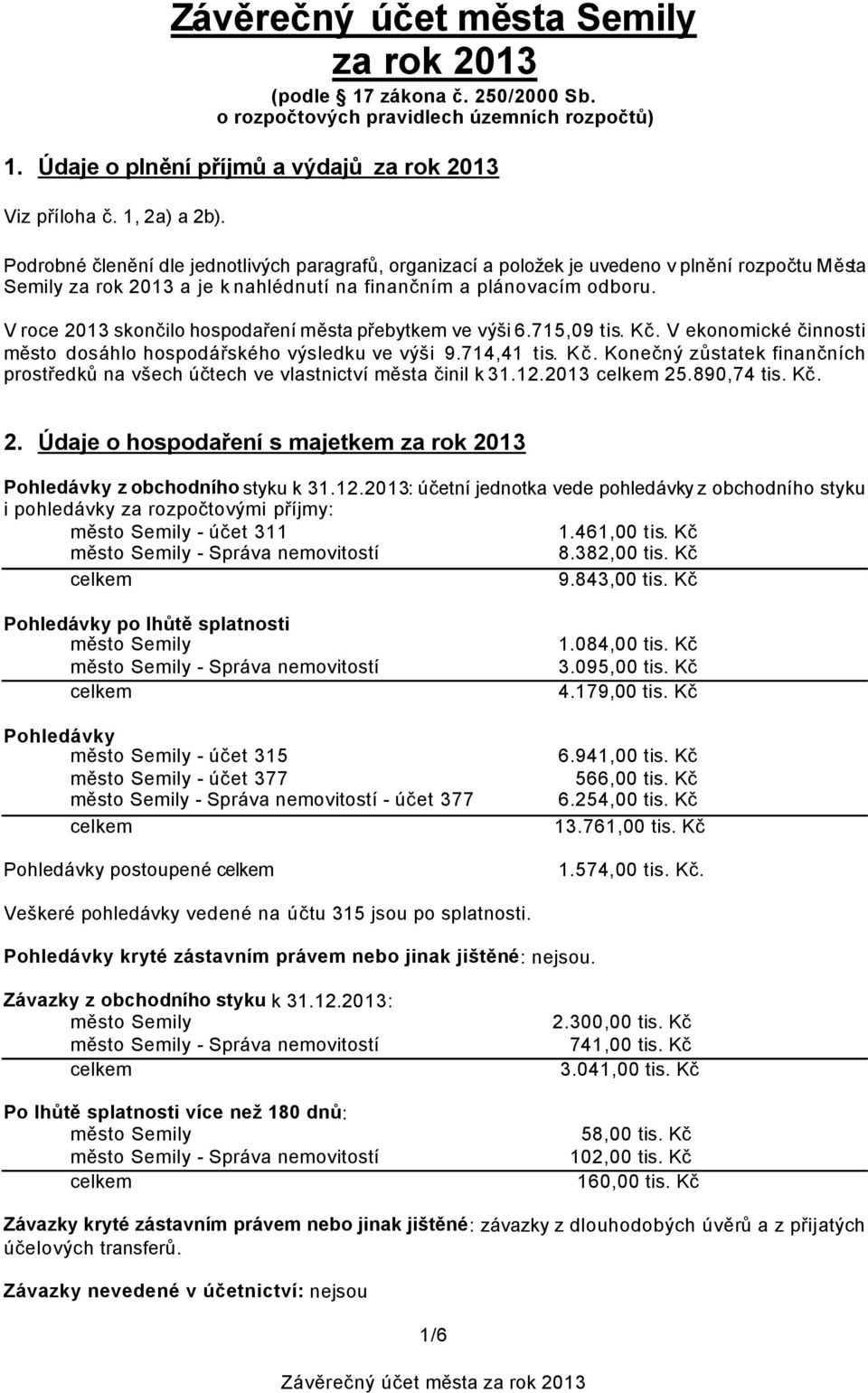 V roce 2013 skončilo hospodaření města přebytkem ve výši 6.715,09 tis. Kč. V ekonomické činnosti město dosáhlo hospodářského výsledku ve výši 9.714,41 tis. Kč. Konečný zůstatek finančních prostředků na všech účtech ve vlastnictví města činil k 31.