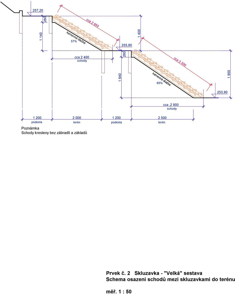 Schody kresleny bez zábradlí a základů Prvek č.