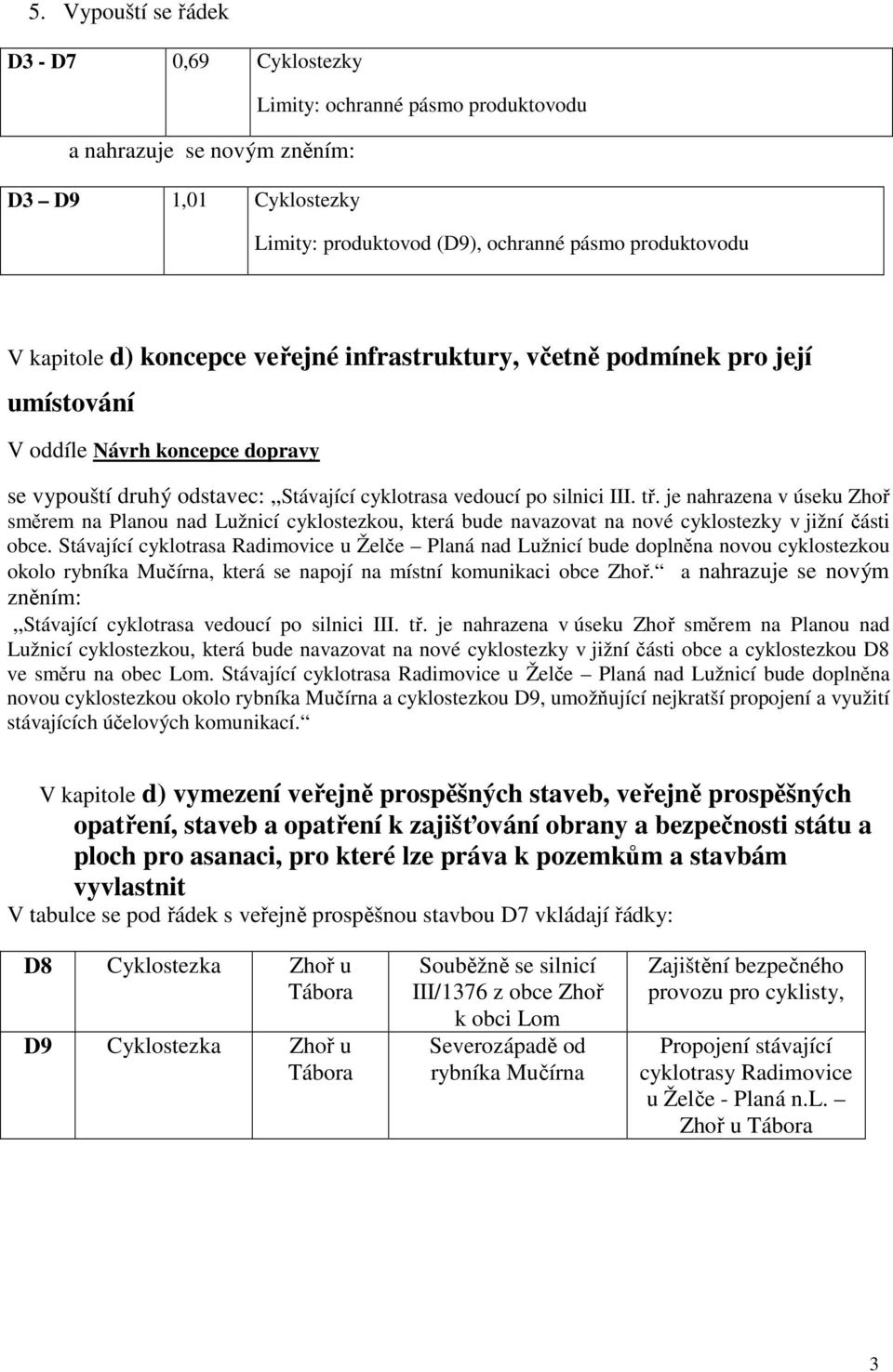 je nahrazena v úseku Zhoř směrem na Planou nad Lužnicí cyklostezkou, která bude navazovat na nové cyklostezky v jižní části obce.