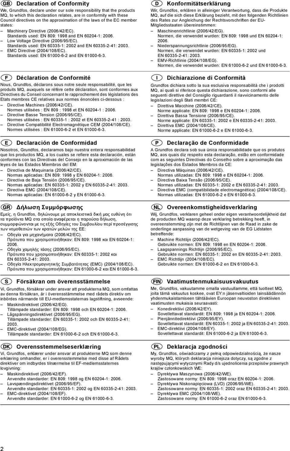 Standards used: EN 60335-1: 2002 and EN 60335-2-41: 2003. EMC Directive (2004/108/EC). Standards used: EN 61000-6-2 and EN 61000-6-3.