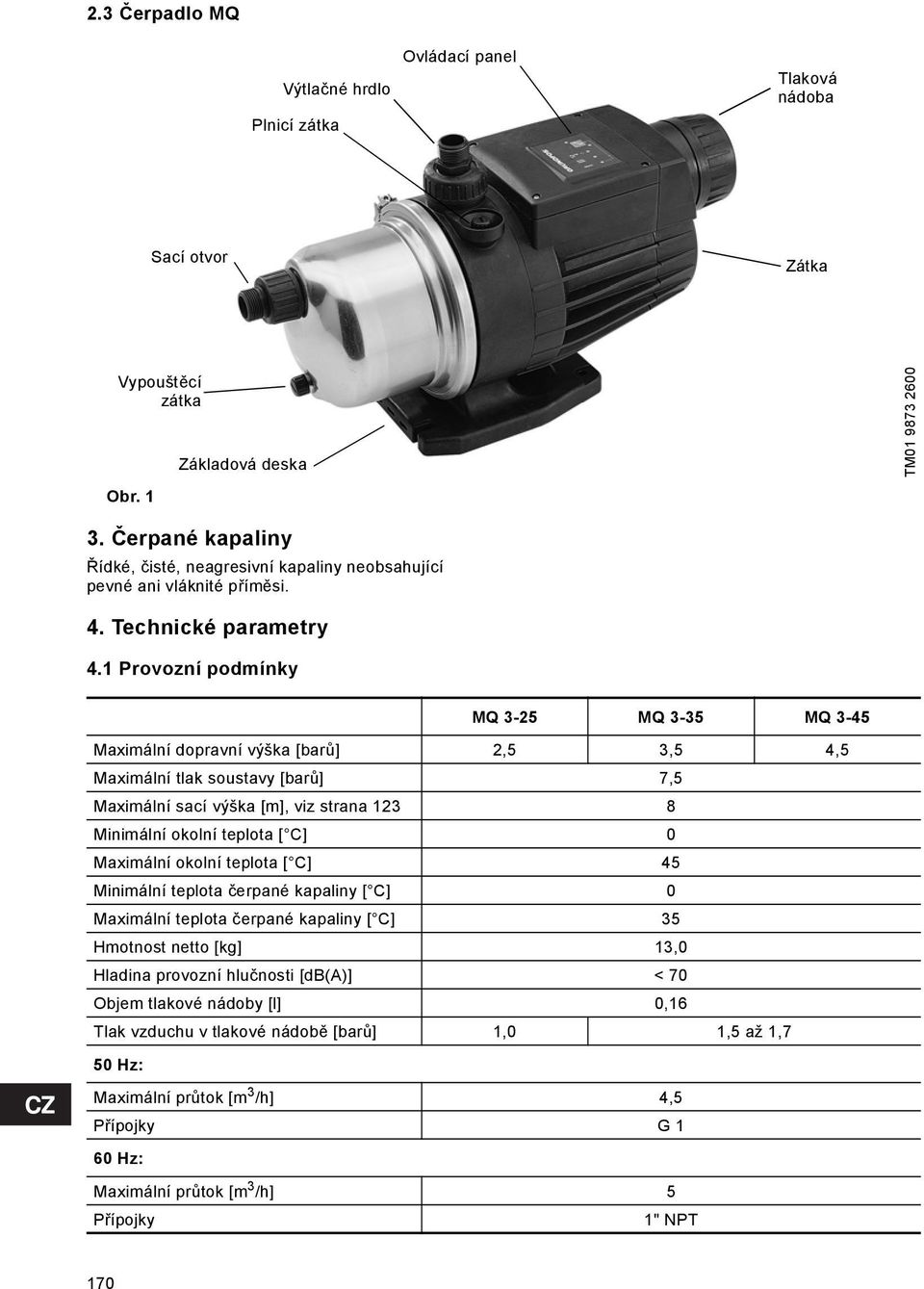1 Provozní podmínky MQ 3-25 MQ 3-35 MQ 3-45 Maximální dopravní výška [barů] 2,5 3,5 4,5 Maximální tlak soustavy [barů] 7,5 Maximální sací výška [m], viz strana 123 8 Minimální okolní teplota [ C] 0