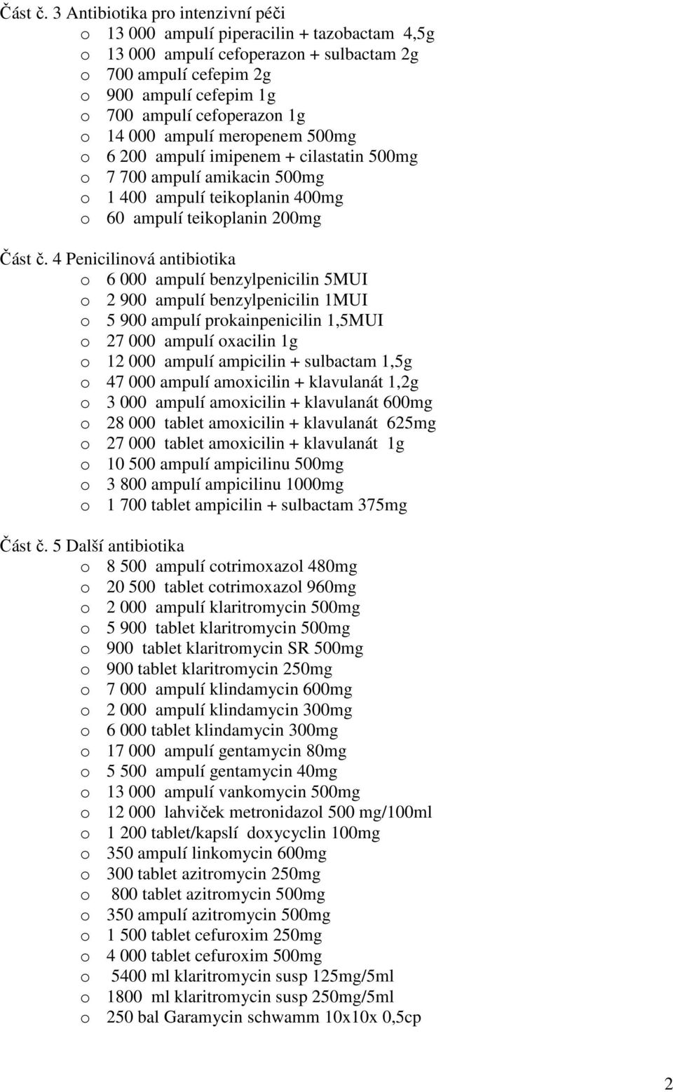 o 14 000 ampulí meropenem 500mg o 6 200 ampulí imipenem + cilastatin 500mg o 7 700 ampulí amikacin 500mg o 1 400 ampulí teikoplanin 400mg o 60 ampulí teikoplanin 200mg  4 Penicilinová antibiotika o 6