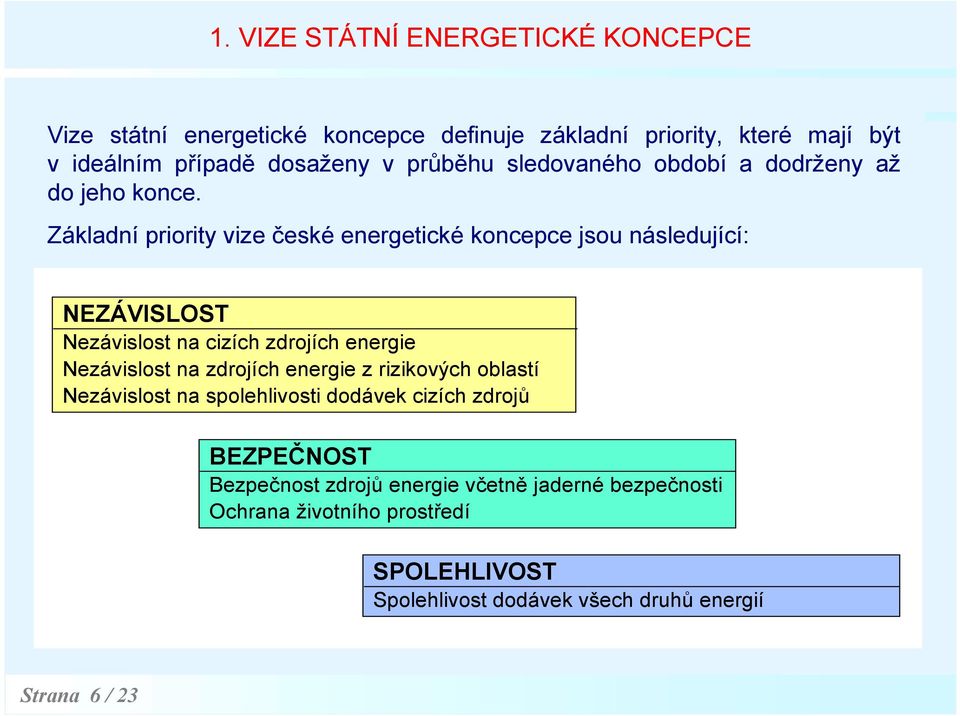 Základní priority vize české energetické koncepce jsou následující: NEZÁVISLOST Nezávislost na cizích zdrojích energie Nezávislost na zdrojích