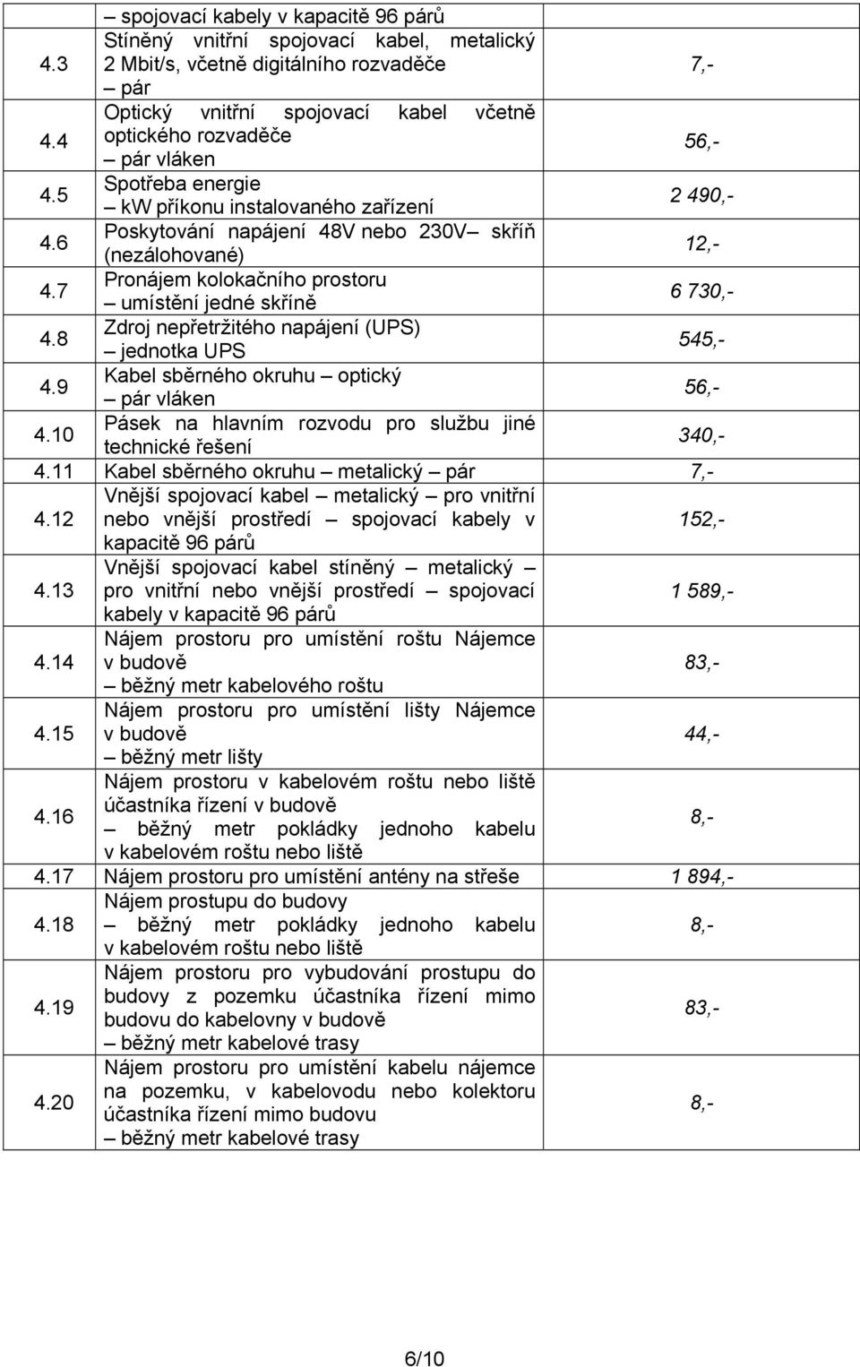 7 Pronájem kolokačního prostoru umístění jedné skříně 6 730,- 4.8 Zdroj nepřetržitého napájení (UPS) jednotka UPS 545,- 4.9 Kabel sběrného okruhu optický pár vláken 56,- 4.