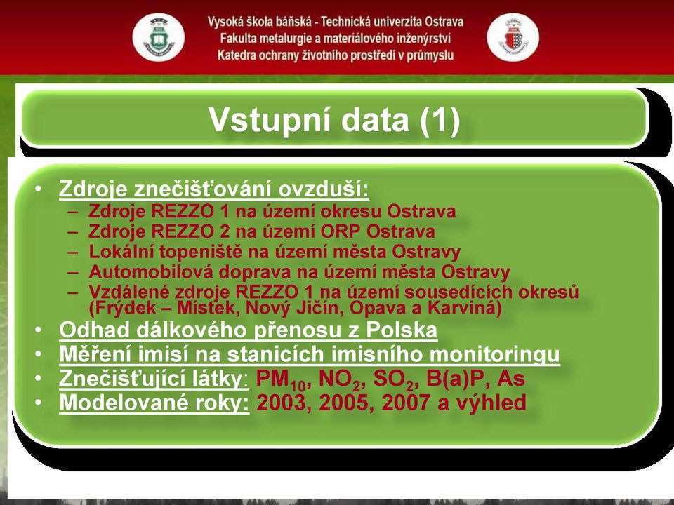 Opava a Karviná) Odhad dálkového přenosu z Polska Měření imisí na stanicích imisního monitoringu Znečišťující látky: PM 10, NO 2, SO 2, B(a)P,