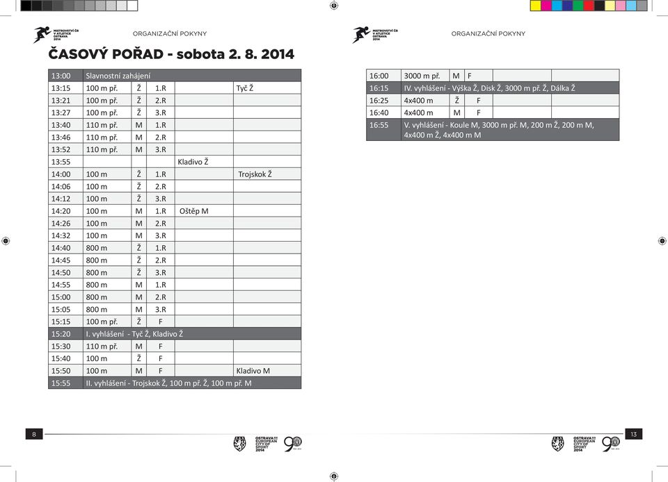 R 14:55 800 m M 1.R 15:00 800 m M 2.R 15:05 800 m M 3.R 15:15 100 m př. Ž F 15:20 I. vyhlášení - Tyč Ž, Kladivo Ž 15:30 110 m př. M F 15:40 100 m Ž F 15:50 100 m M F Kladivo M 15:55 II.