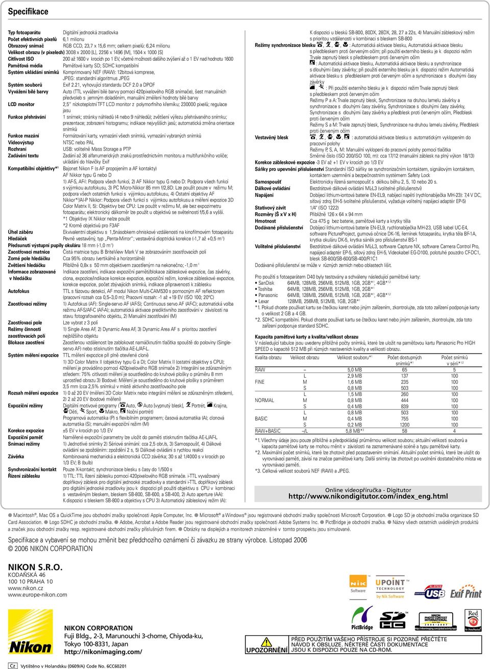 Systém ukládání snímků Komprimovaný NEF (RAW): 12bitová komprese, JPEG: standardní algoritmus JPEG Systém souborů Exif 2.21, vyhovující standardu DCF 2.