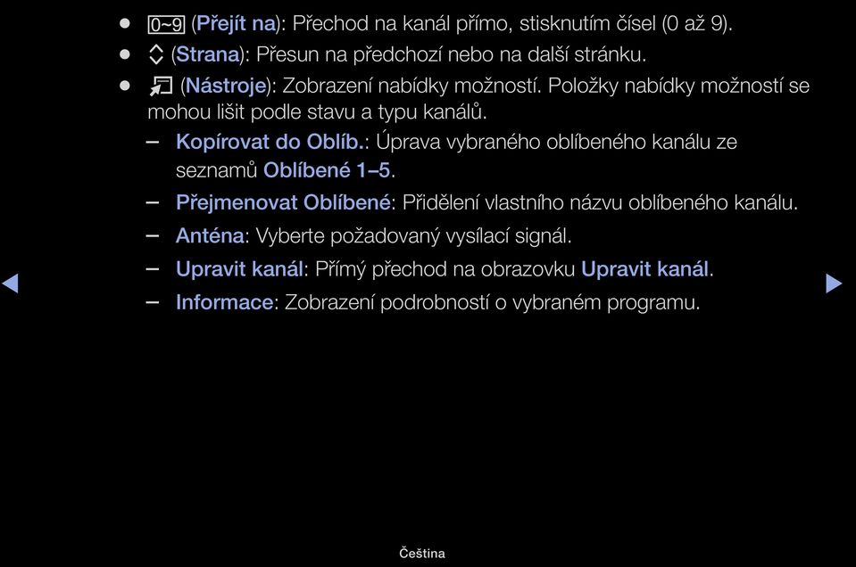 : Úprava vybraného oblíbeného kanálu ze seznamů Oblíbené 1 5. Přejmenovat Oblíbené: Přidělení vlastního názvu oblíbeného kanálu.