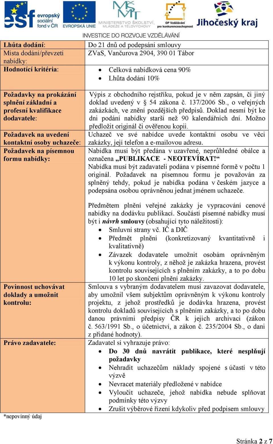 zadavatele: *nepovinný údaj Výpis z obchodního rejstříku, pokud je v něm zapsán, či jiný doklad uvedený v 54 zákona č. 137/2006 Sb., o veřejných zakázkách, ve znění pozdějších předpisů.