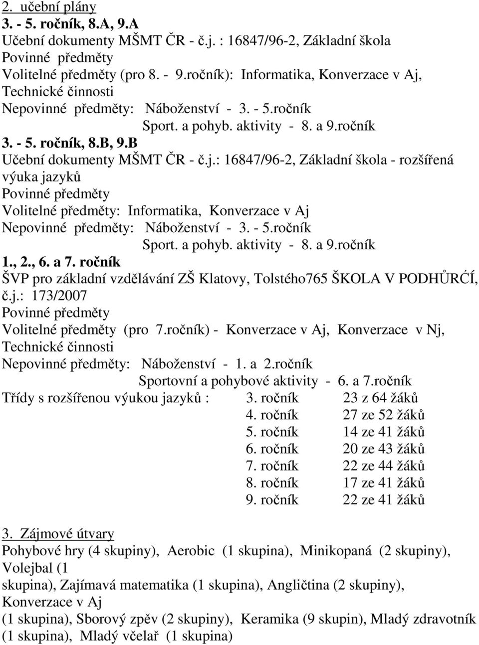 B Učební dokumenty MŠMT ČR - č.j.: 16847/96-2, Základní škola - rozšířená výuka jazyků Povinné předměty Volitelné předměty: Informatika, Konverzace v Aj Nepovinné předměty: Náboženství - 3. - 5.