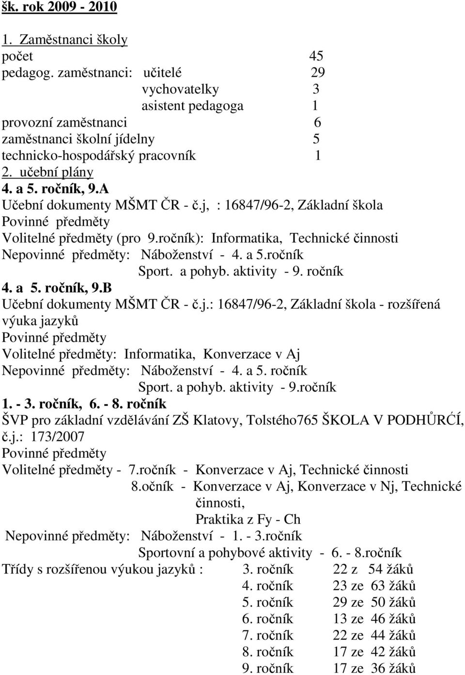 A Učební dokumenty MŠMT ČR - č.j, : 16847/96-2, Základní škola Povinné předměty Volitelné předměty (pro 9.ročník): Informatika, Technické činnosti Nepovinné předměty: Náboženství - 4. a 5.