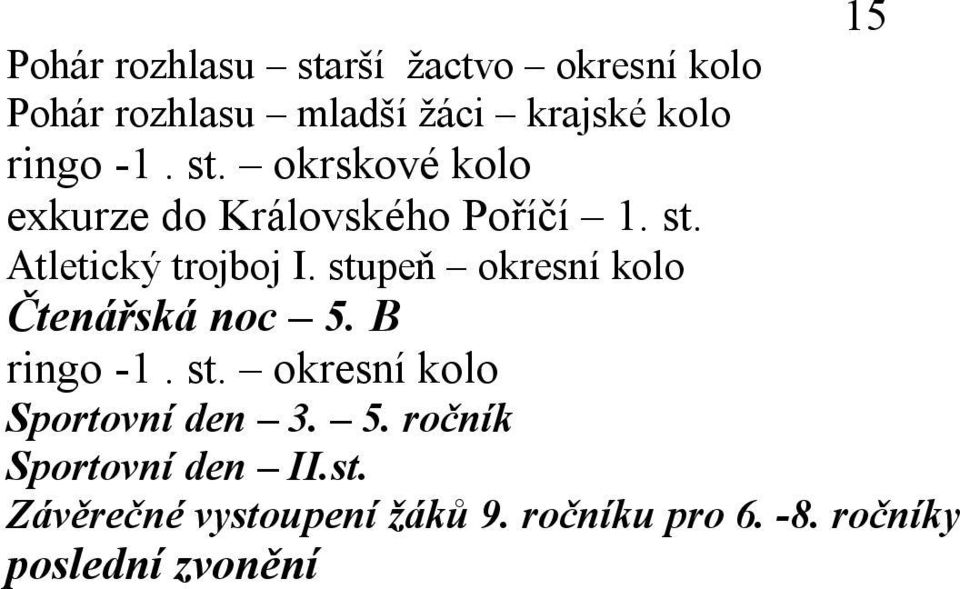 stupeň okresní kolo Čtenářská noc 5. B ringo -1. st. okresní kolo Sportovní den 3. 5. ročník Sportovní den II.