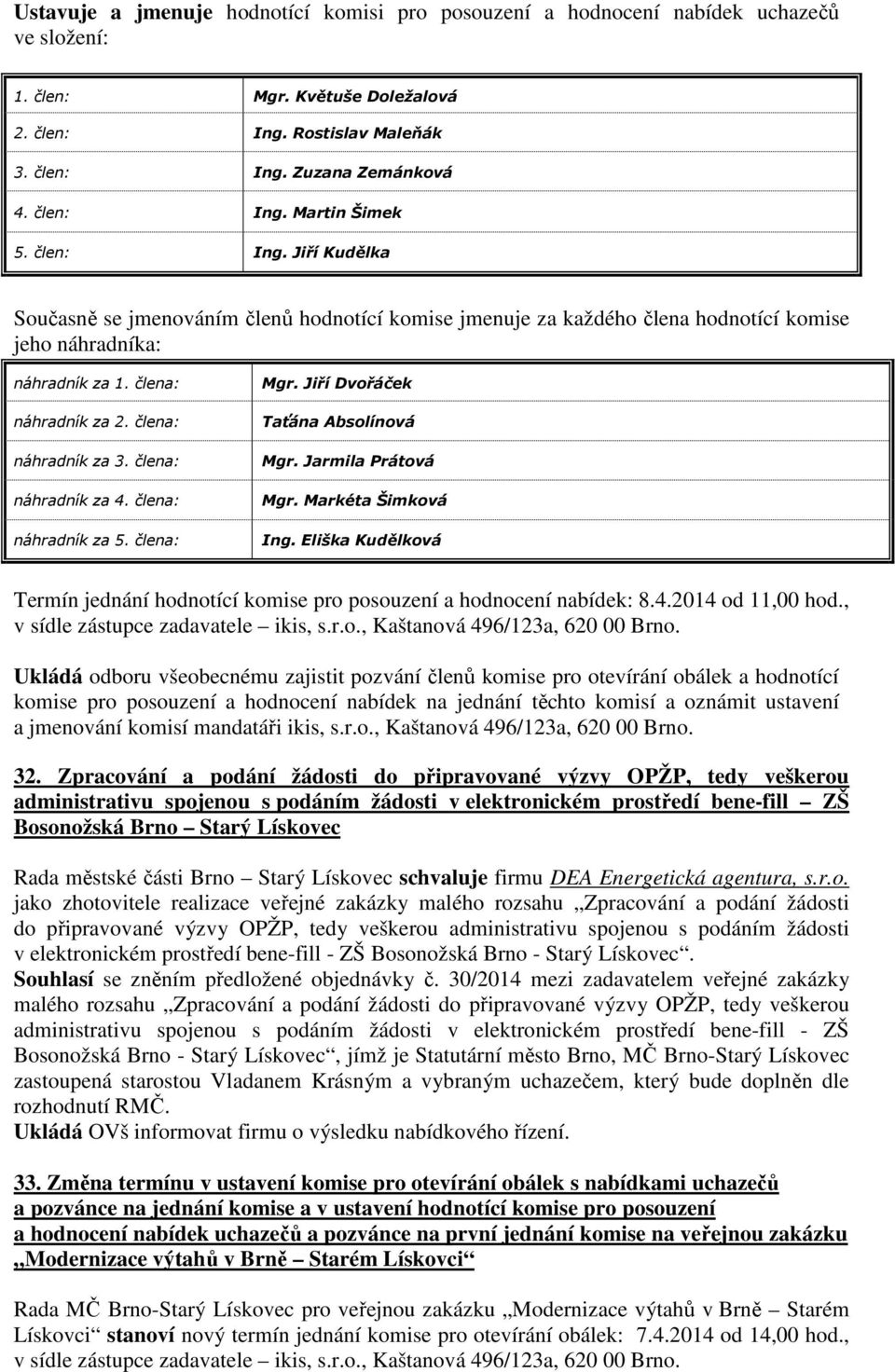 člena: náhradník za 4. člena: náhradník za 5. člena: Mgr. Jiří Dvořáček Taťána Absolínová Mgr. Jarmila Prátová Mgr. Markéta Šimková Ing.