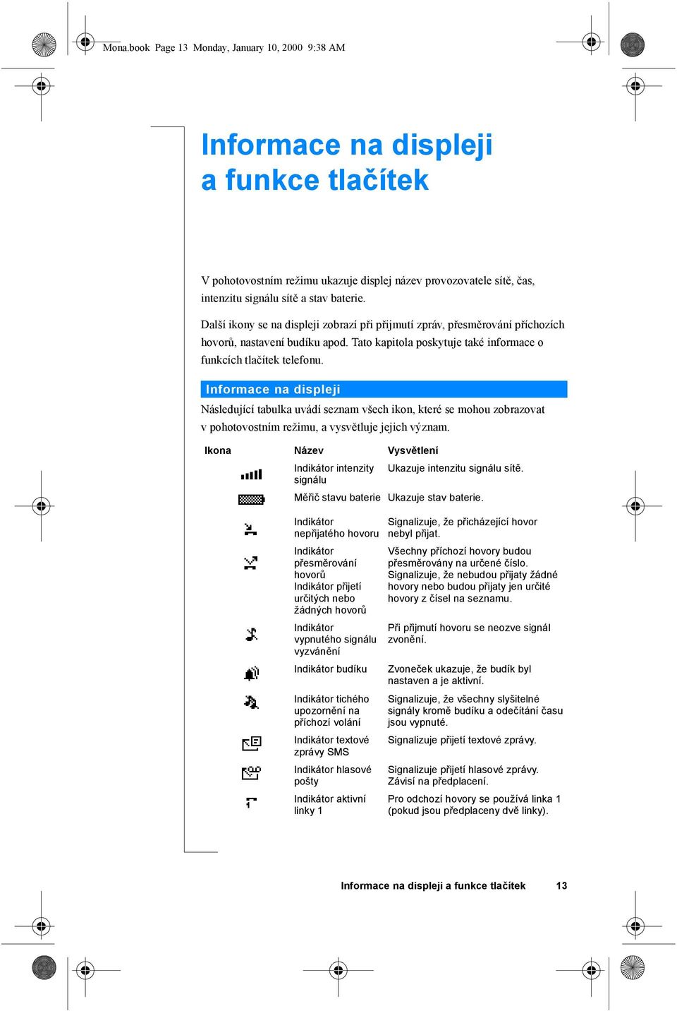 Informace na displeji Následující tabulka uvádí seznam všech ikon, které se mohou zobrazovat v pohotovostním režimu, a vysvětluje jejich význam.