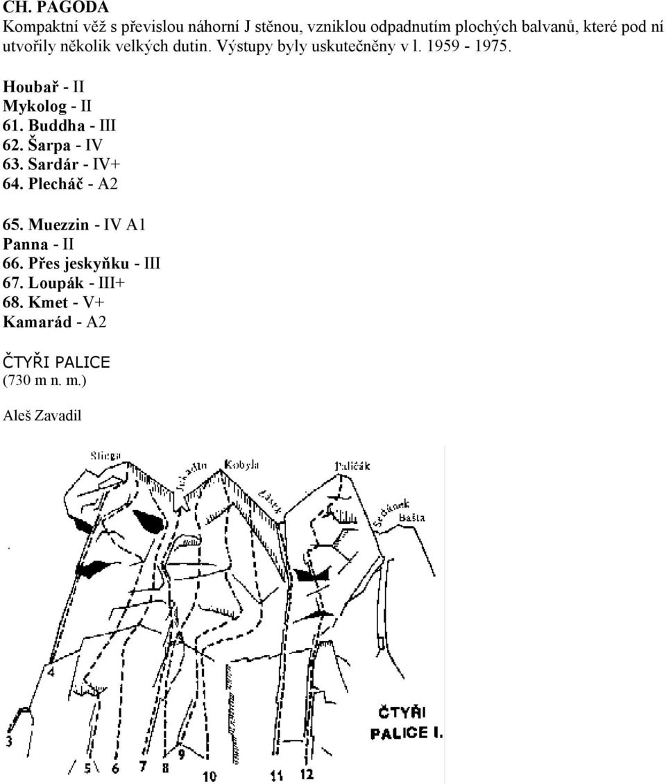 Houbař - II Mykolog - II 61. Buddha - III 62. Šarpa - IV 63. Sardár - IV+ 64. Plecháč - A2 65.