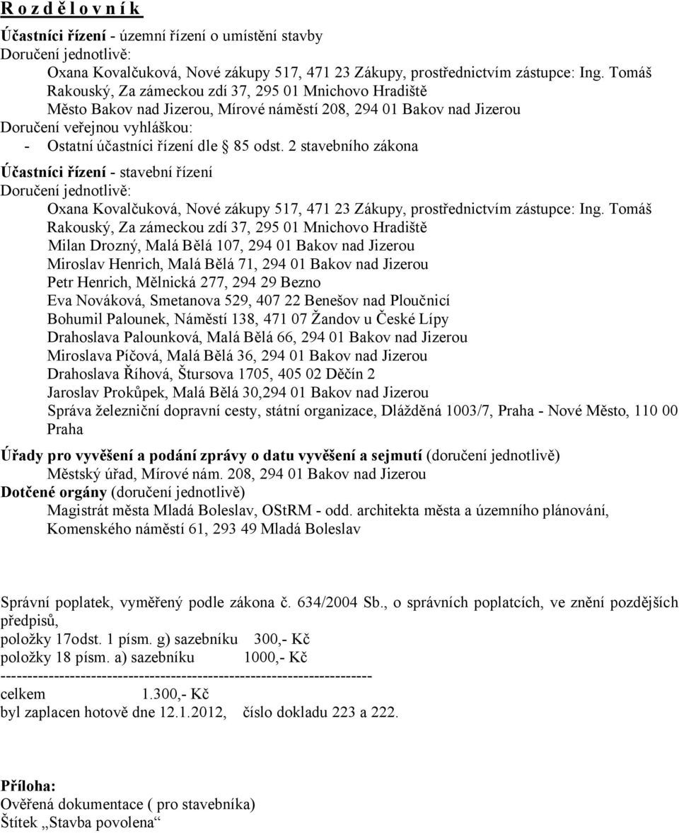 2 stavebního zákona Účastníci řízení - stavební řízení Doručení jednotlivě: Oxana Kovalčuková, Nové zákupy 517, 471 23 Zákupy, prostřednictvím zástupce: Ing.