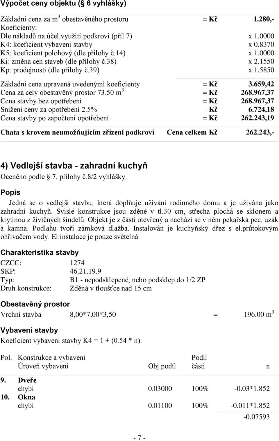 50 m 3 = Kč 268.967,37 Cena stavby bez opotřebení = Kč 268.967,37 Snížení ceny za opotřebení 2.5% - Kč 6.724,18 Cena stavby po započtení opotřebení = Kč 262.