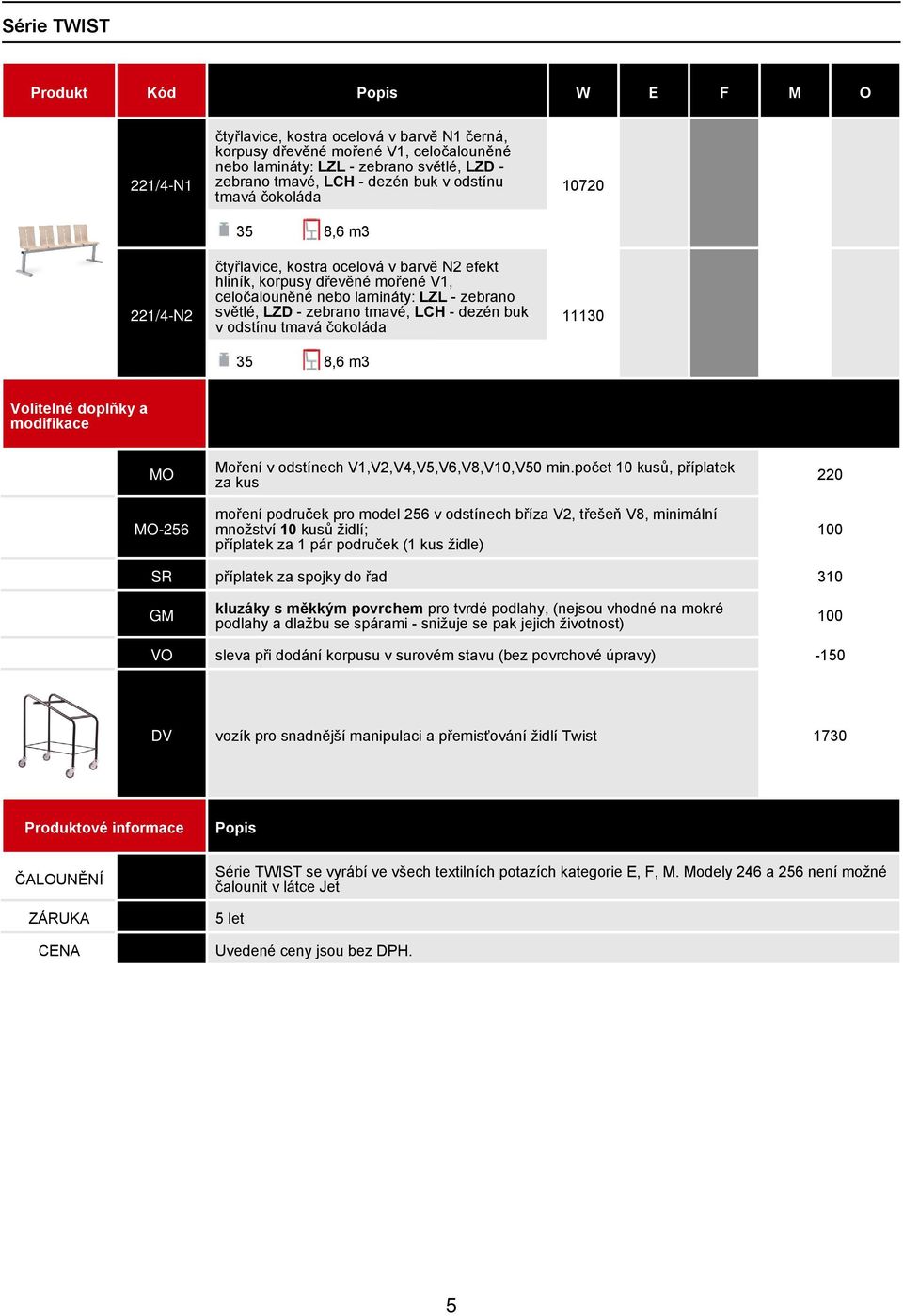 počet 10 kusů, příplatek za kus moření područek pro model 256 v odstínech bříza V2, třešeň V8, minimální množství 10 kusů židlí; příplatek za 1 pár područek (1 kus židle) 220 100 SR příplatek za