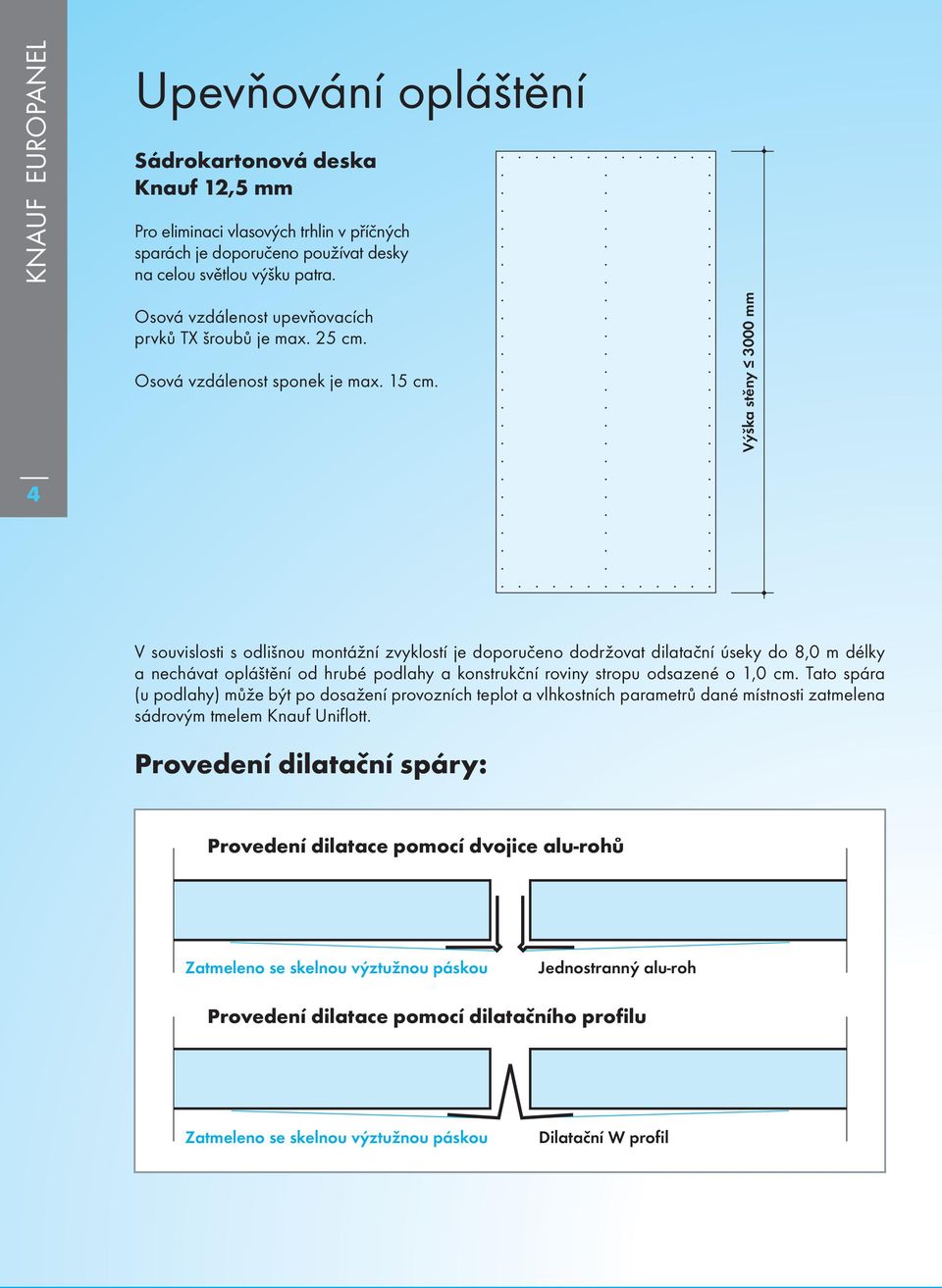 výška stěny 3000 mm 4 V souvislosti s odlišnou montážní zvyklostí je doporučeno dodržovat dilatační úseky do 8,0 m délky a nechávat opláštění od hrubé podlahy a konstrukční roviny stropu odsazené o