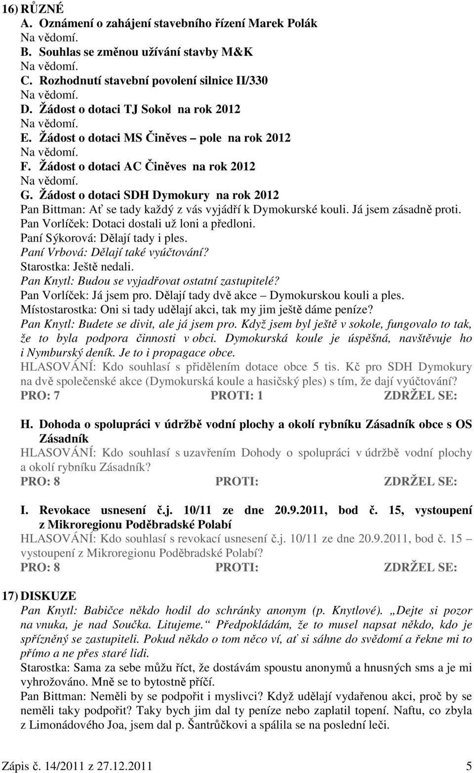 Já jsem zásadně proti. Pan Vorlíček: Dotaci dostali už loni a předloni. Paní Sýkorová: Dělají tady i ples. Paní Vrbová: Dělají také vyúčtování? Starostka: Ještě nedali.