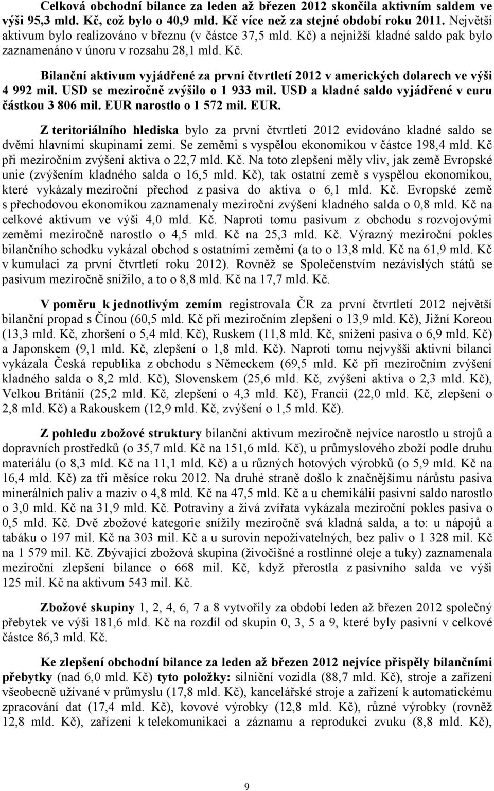 USD se meziročně zvýšilo o 1 933 mil. USD a kladné saldo vyjádřené v euru částkou 3 806 mil. EUR 