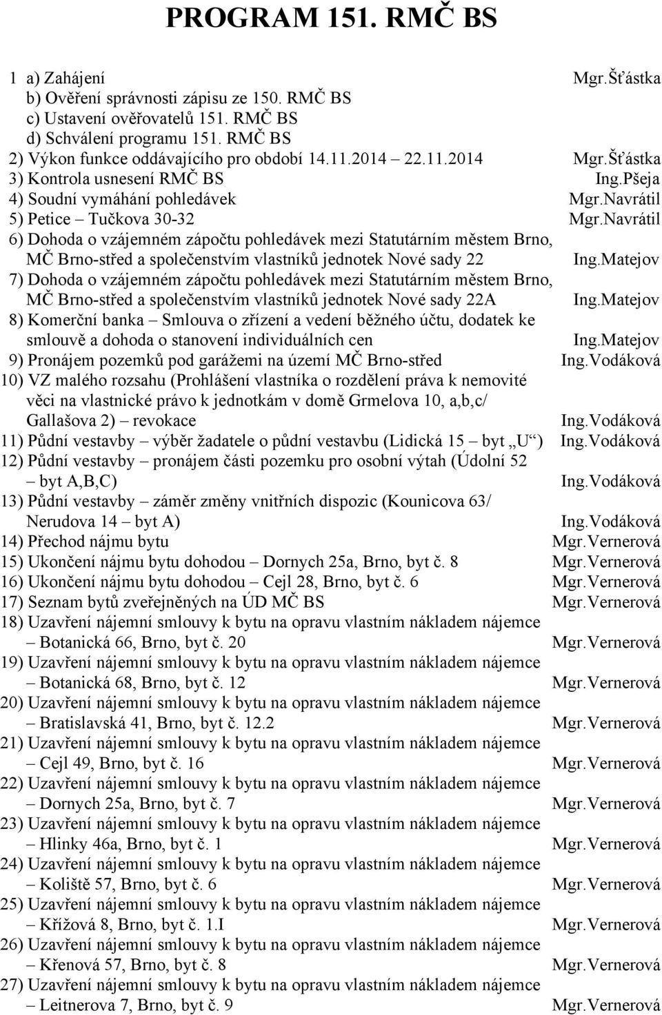 Navrátil 6) Dohoda o vzájemném zápočtu pohledávek mezi Statutárním městem Brno, MČ Brno-střed a společenstvím vlastníků jednotek Nové sady 22 Ing.