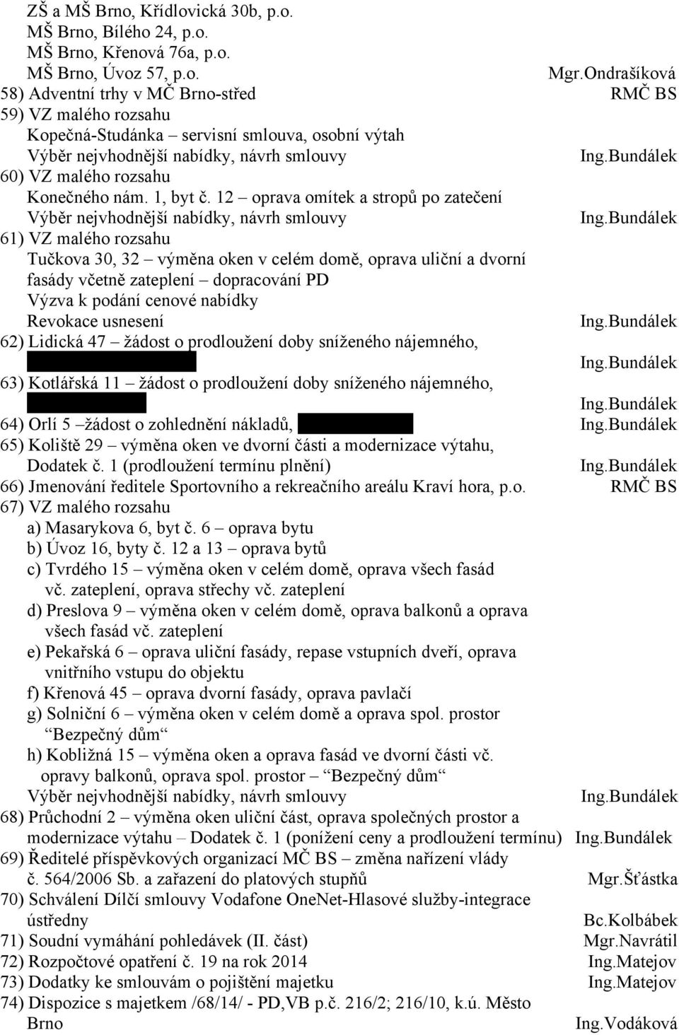 Bundálek 60) VZ malého rozsahu Konečného nám. 1, byt č. 12 oprava omítek a stropů po zatečení Výběr nejvhodnější nabídky, návrh smlouvy Ing.