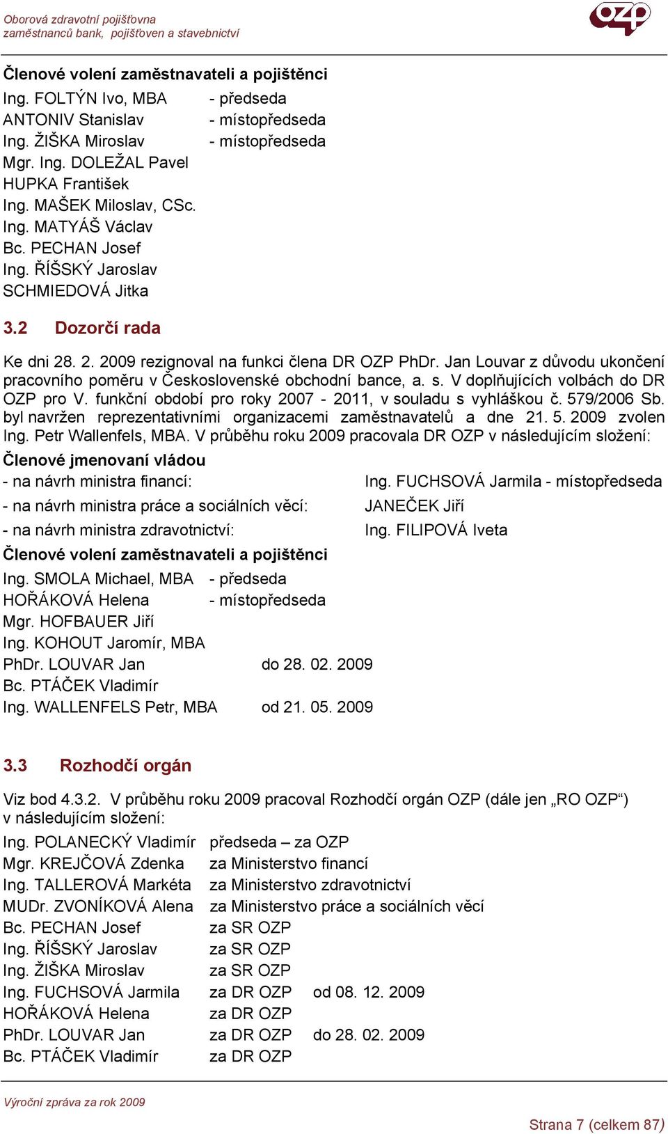 Jan Louvar z důvodu ukončení pracovního poměru v Československé obchodní bance, a. s. V doplňujících volbách do DR OZP pro V. funkční období pro roky 2007-2011, v souladu s vyhláškou č. 579/2006 Sb.