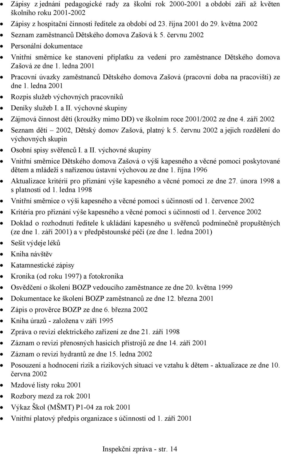 ledna 2001 Pracovní úvazky zaměstnanců Dětského domova Zašová (pracovní doba na pracovišti) ze dne 1. ledna 2001 Rozpis služeb výchovných pracovníků Deníky služeb I. a II.