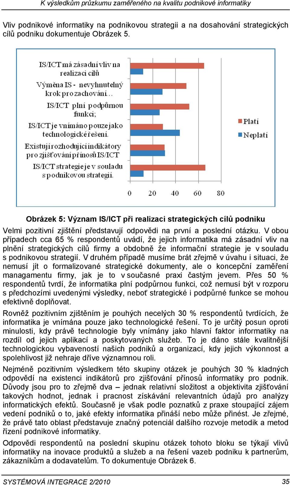 V obou případech cca 65 % respondentů uvádí, že jejich informatika má zásadní vliv na plnění strategických cílů firmy a obdobně že informační strategie je v souladu s podnikovou strategií.