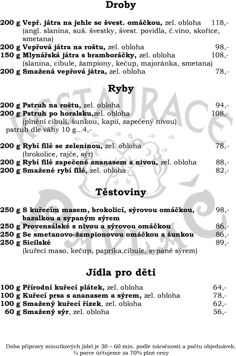 obloha 94,- 200 g Pstruh po horalsku,zel. obloha 108,- (plnění cibulí, šunkou, kapií, zapečený nivou) pstruh dle váhy 10 g...4,- 200 g Rybí filé se zeleninou, zel.