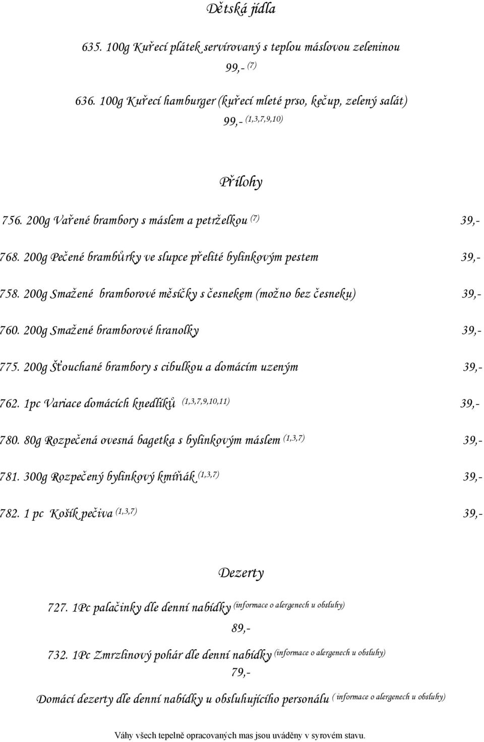 200g Smažené bramborové hranolky 39,- 775. 200g Šťouchané brambory s cibulkou a domácím uzeným 39,- 762. 1pc Variace domácích knedlíků (1,3,7,9,10,11) 39,- 780.