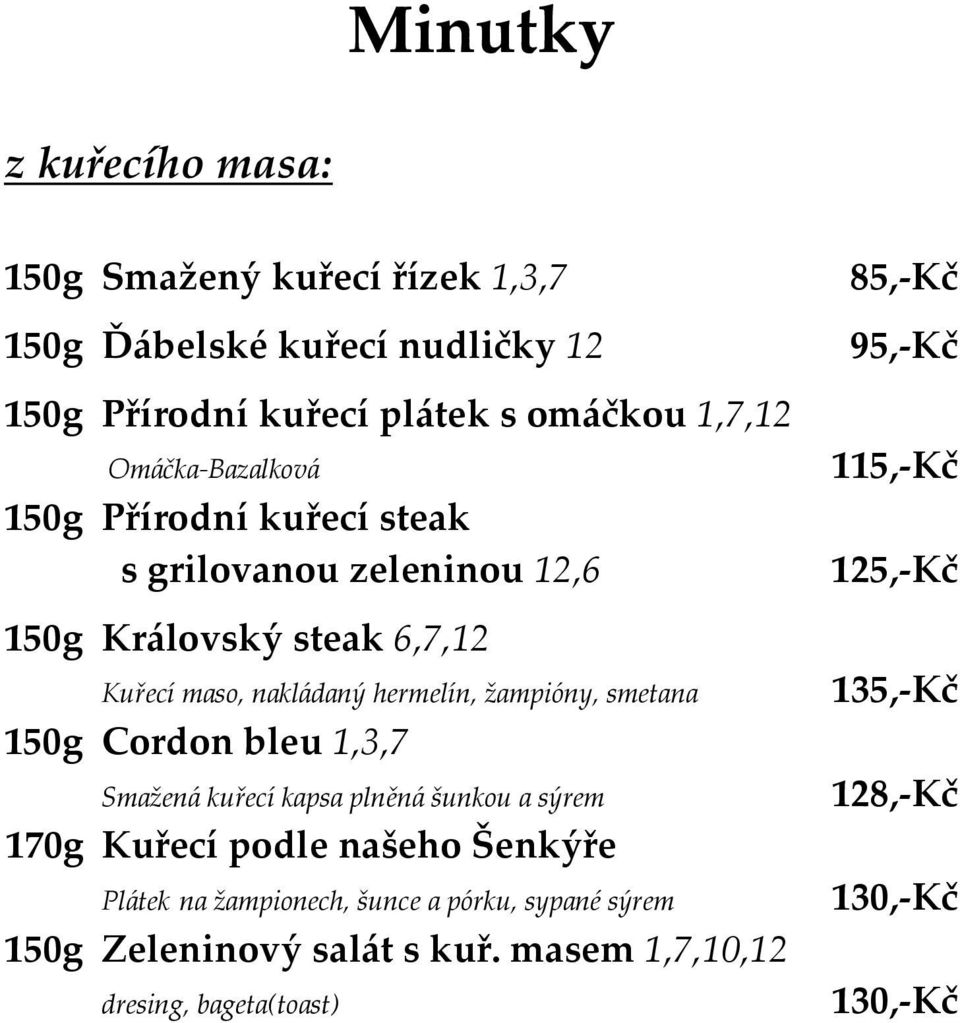 žampióny, smetana 150g Cordon bleu 1,3,7 Smažená kuřecí kapsa plněná šunkou a sýrem 170g Kuřecí podle našeho Šenkýře Plátek na žampionech,