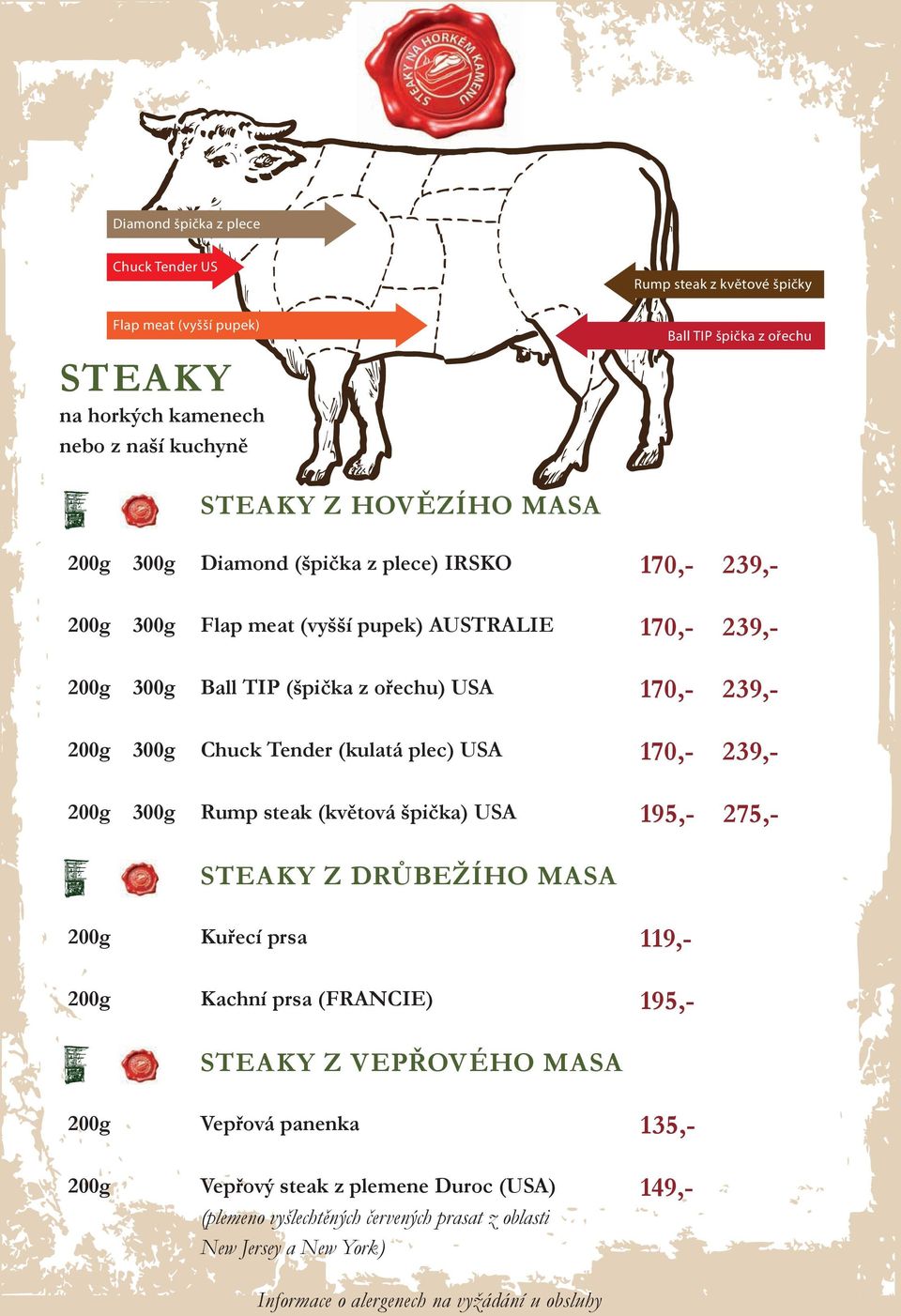 239,- 300g Chuck Tender (kulatá plec) USA 170,- 239,- 300g Rump steak (květová špička) USA 195,- 275,- STEAKY Z DRŮBEŽÍHO MASA Kuřecí prsa 119,- Kachní prsa