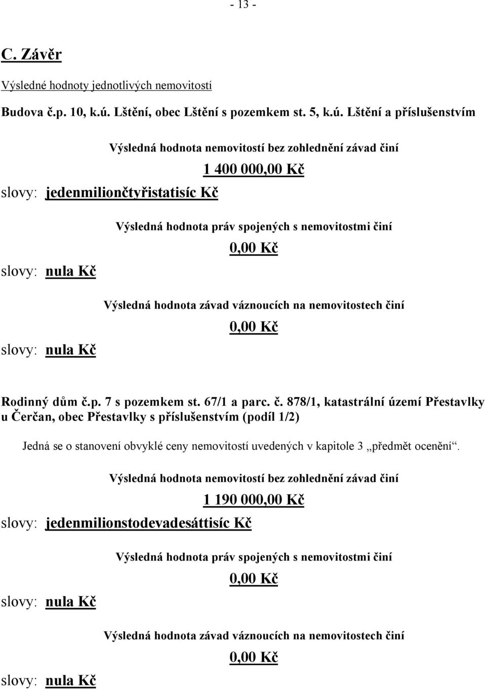 Lštění a příslušenstvím Výsledná hodnota nemovitostí bez zohlednění závad činí slovy: jedenmiliončtyřistatisíc Kč 1 400 000,00 Kč slovy: nula Kč slovy: nula Kč Výsledná hodnota práv spojených s