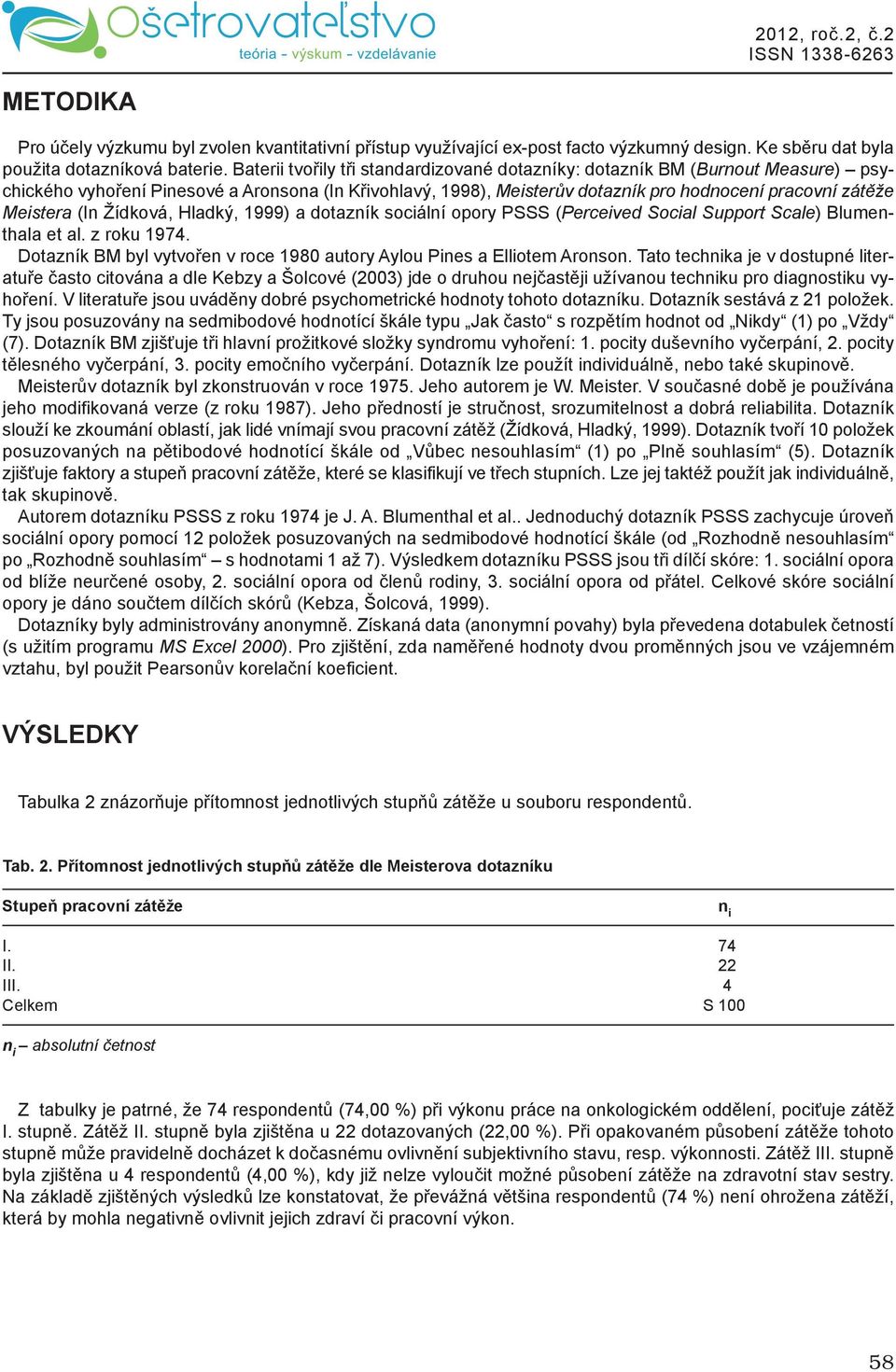 (In Žídková, Hladký, 1999) a dotazník sociální opory PSSS (Perceived Social Support Scale) Blumenthala et al. z roku 1974. Dotazník BM byl vytvořen v roce 1980 autory Aylou Pines a Elliotem Aronson.