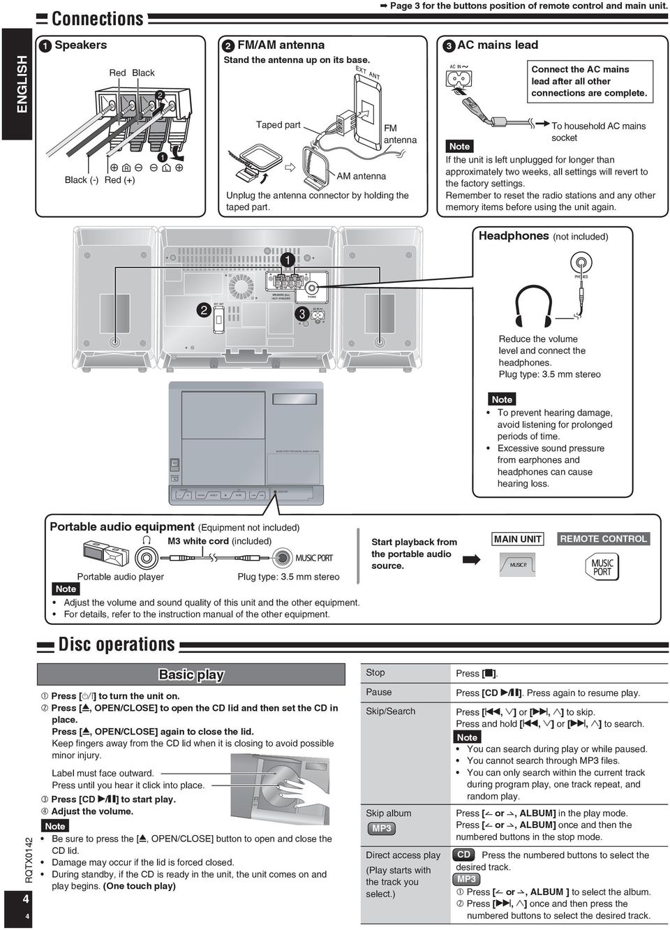 Note To household AC mains socket If the unit is left unplugged for longer than approximately two weeks, all settings will revert to the factory settings.