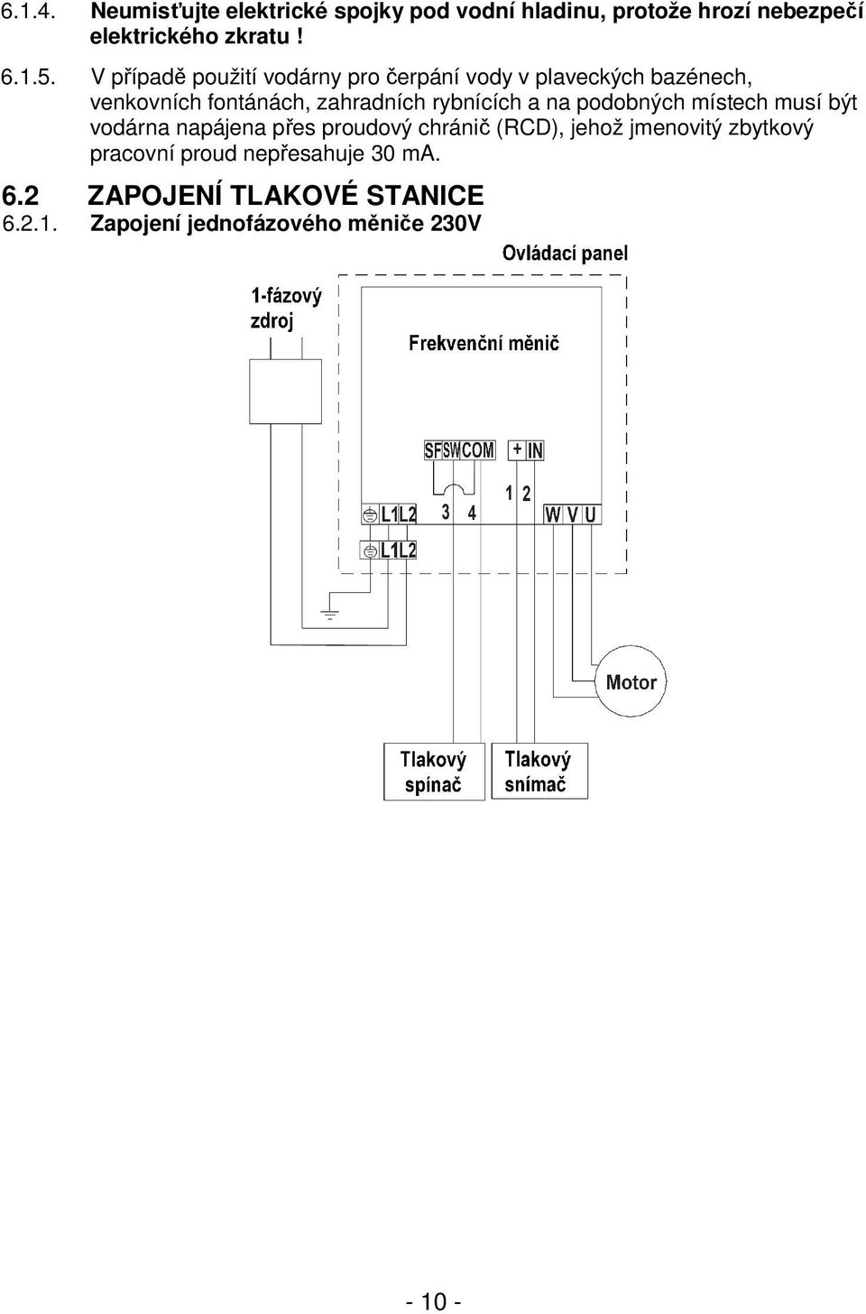 rybnících a na podobných místech musí být vodárna napájena přes proudový chránič (RCD), jehož jmenovitý