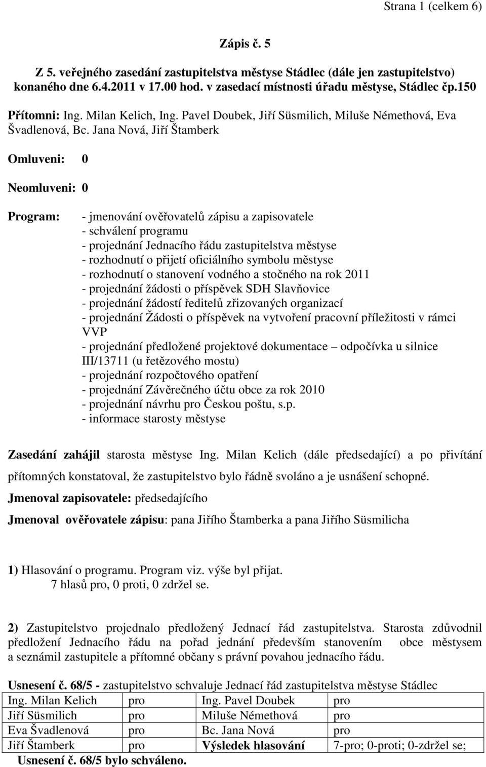 Jana Nová, Jiří Štamberk Omluveni: 0 Neomluveni: 0 Program: - jmenování ověřovatelů zápisu a zapisovatele - schválení programu - projednání Jednacího řádu zastupitelstva městyse - rozhodnutí o