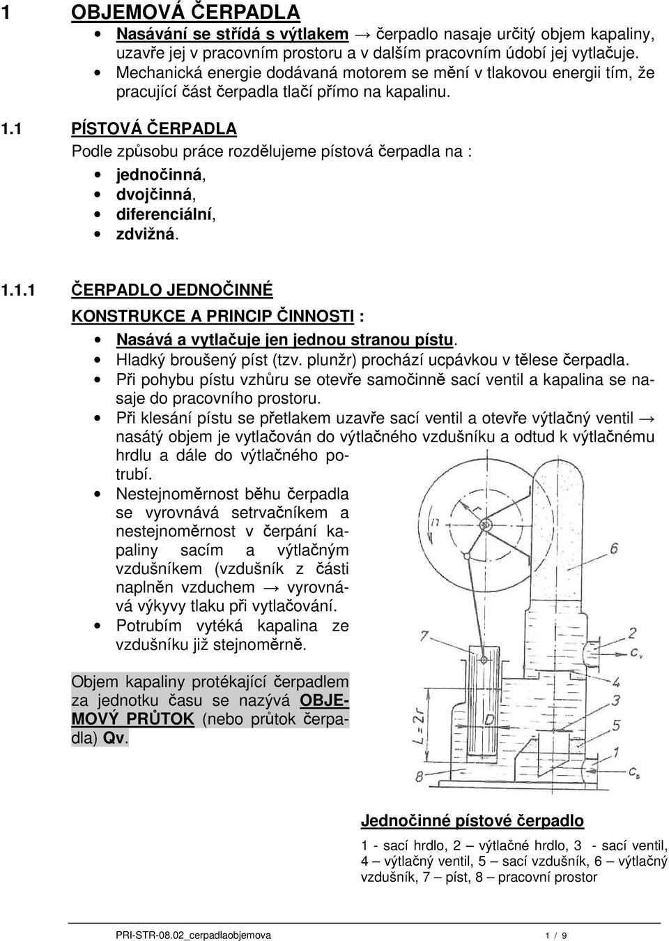 1 PÍSTOVÁ ČERPADLA Podle způsobu práce rozdělujeme pístová čerpadla na : jednočinná, dvojčinná, diferenciální, zdvižná. 1.1.1 ČERPADLO JEDNOČINNÉ Nasává a vytlačuje jen jednou stranou pístu.