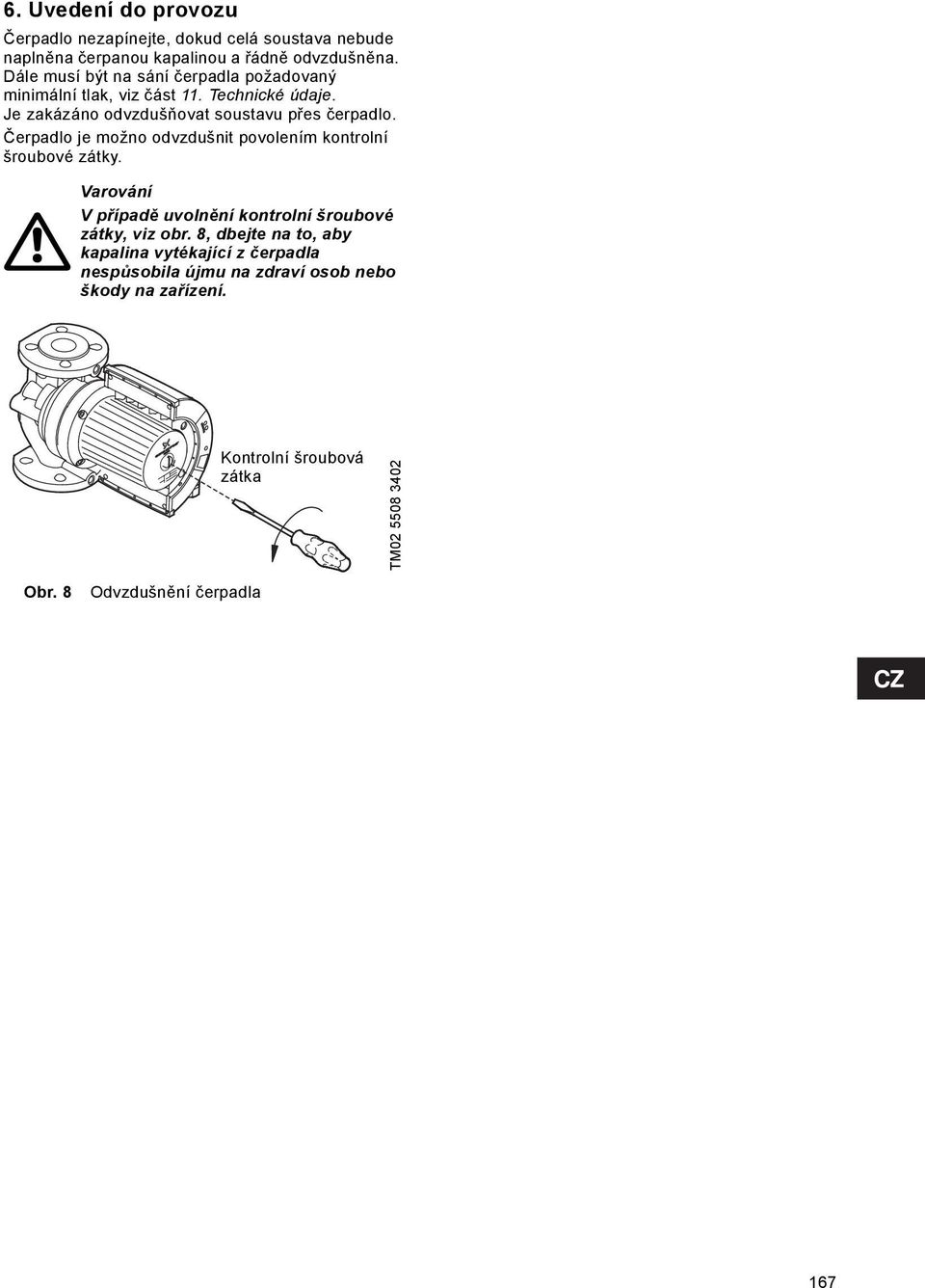 Čerpadlo je možno odvzdušnit povolením kontrolní šroubové zátky. Varování V případě uvolnění kontrolní šroubové zátky, viz obr.