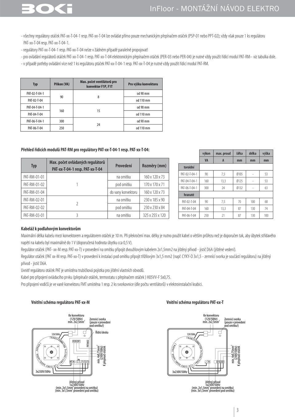 PAT-xx-T-04 elektronickým přepínačem otáček (PER-03 nebo PER-04) je nutné vždy použít řídicí modul PAT-RM viz tabulka dole.
