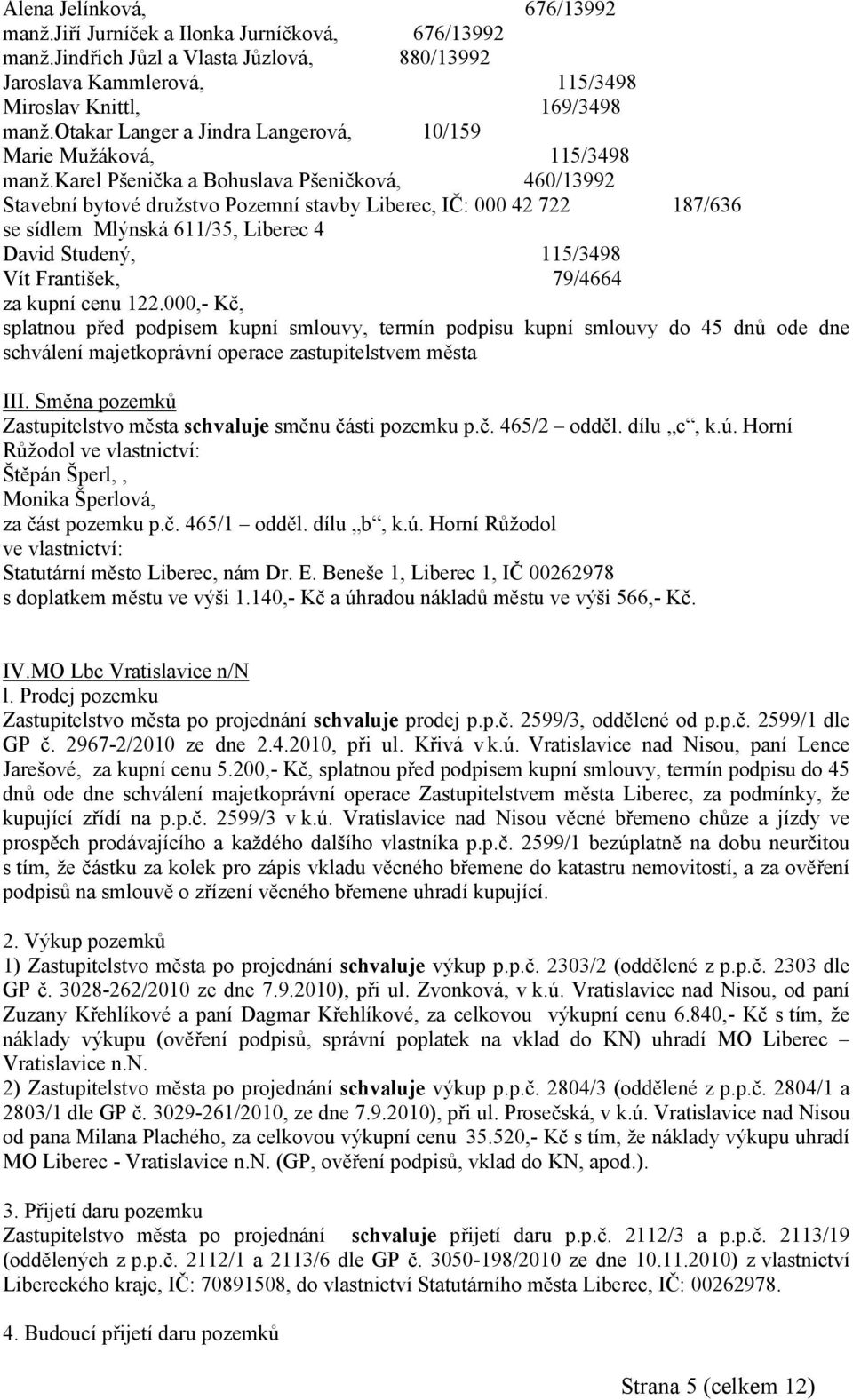 karel Pšenička a Bohuslava Pšeničková, 460/13992 Stavební bytové družstvo Pozemní stavby Liberec, IČ: 000 42 722 187/636 se sídlem Mlýnská 611/35, Liberec 4 David Studený, 115/3498 Vít František,