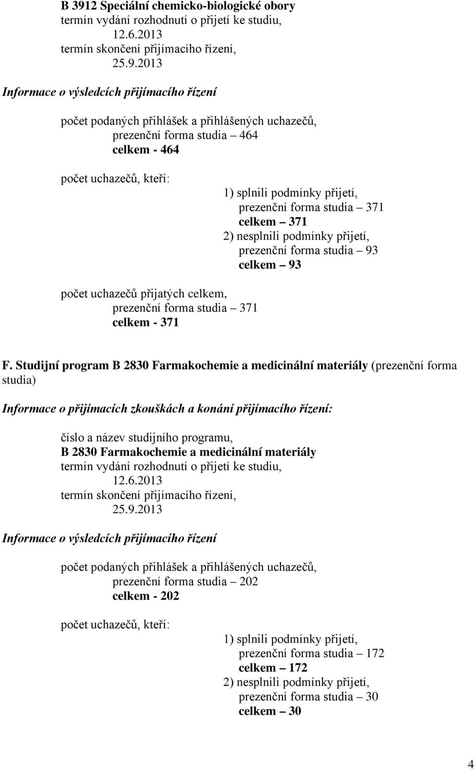 Studijní program B 2830 Farmakochemie a medicinální materiály (prezenční forma studia) Informace o přijímacích zkouškách a konání přijímacího