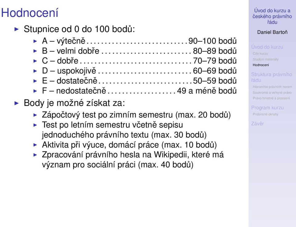 .................. 49 a méně bodů Body je možné získat za: Zápočtový test po zimním semestru (max.